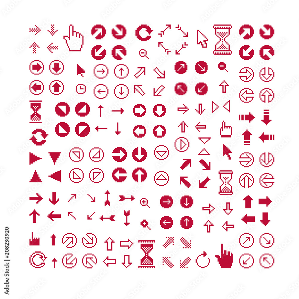 Vector flat 8 bit icons, collection of simple geometric pixel symbols. Simplistic arrows set, digital web signs.