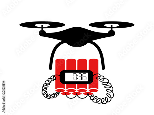 Drone with explosive bomb - technologically advanced device for killing by explosion of blast. Improvised flying terrorist weapon. Sophisticated terrorism and terror. Vector illustration