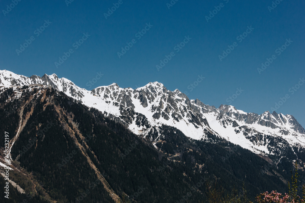 beautiful snow-capped mountain peaks and clear blue sky, mont blanc, alps