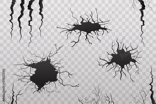 Set of vector cracks isolated on transparent background.