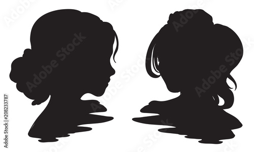 Hand drawn graphic style woman head silhouette with high pony tail hair cut. Vector isolated illustration on a white background.