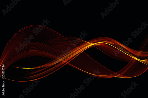Abstract shiny color gold wave design element on dark background. Science or technology design