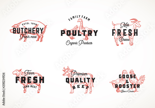 Premium Quality Retro Cattle and Poultry Vector Logo Templates Collection. Hand Drawn Vintage Domestic Animals and Birds Sketches with Classy Typography, Pig, Cow, Chicken, etc. Isolated Labels Set