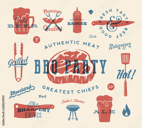 Barbecue Party Vector Retro Signs and Icons Collection. Meat and Beer Symbols With Typography Pattern. Steak, Sausage, Grill Labels. Red and Blue Print Effect.