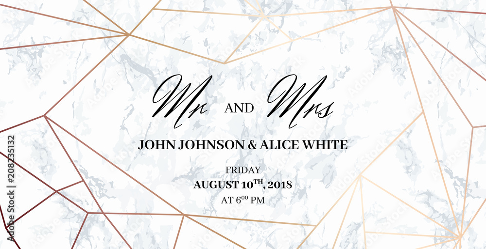 Mr And Mrs Signs Wedding Template Card Of Geometric Design White Marble Background And Rose 