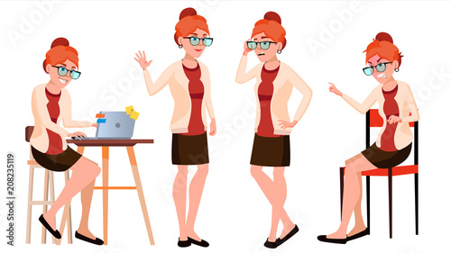 Office Worker Vector. Woman. Successful Officer, Clerk, Servant. Business Woman Worker. Face Emotions, Various Gestures. Isolated Flat Illustration