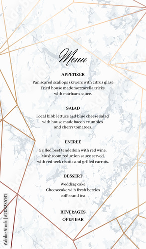 Wedding Menu template card. Geometric design in rose gold on the marble background. Dimensions 5x8,5 inch. Seamless marble pattern in the palette.