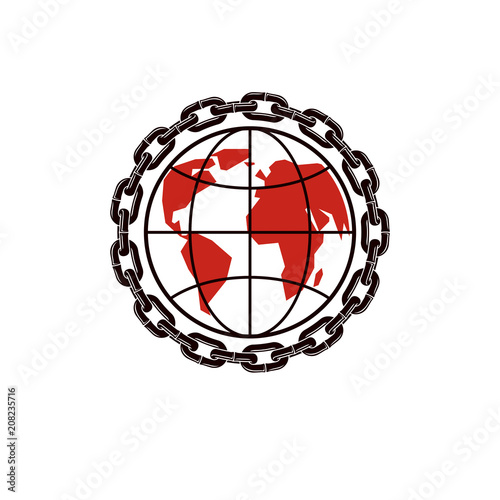 Vector Earth planet illustration surrounded by iron chain. Totalitarianism as the evil power, dictatorship and manipulation theme photo