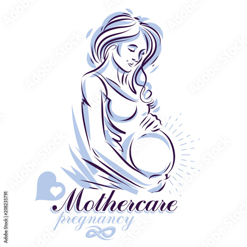 Pregnant female body shape hand drawn vector illustration, beautiful lady gently touching her belly. Mother Day conceptual flyer