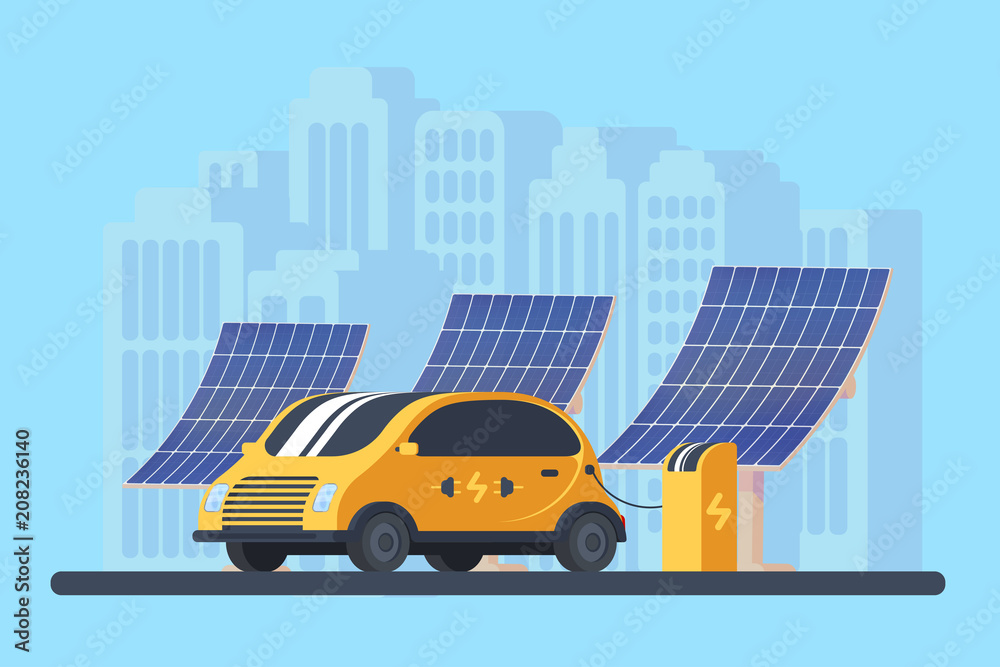 Modern compact car charging from the charging station and solar panels. Eco green energy.