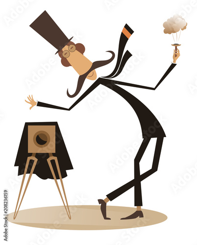 Mustache retro photographer illustration isolated. Cartoon long mustache photographer in the top hat makes a photo isolated on white illustration
