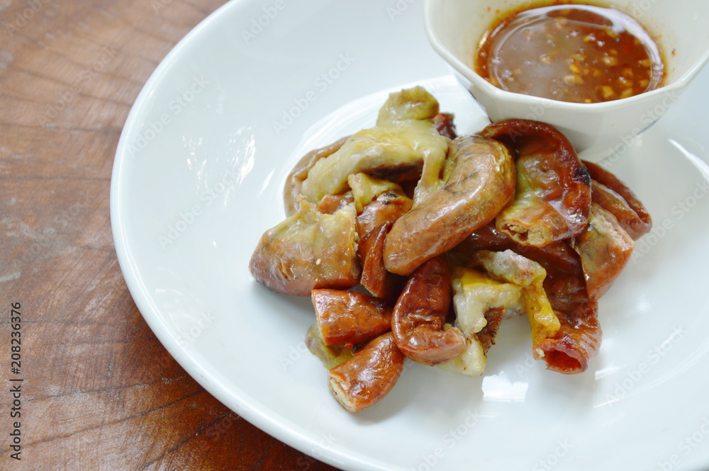 roasted pork fillet slice with spicy sauce on plate roasted pork fillet slice with spicy sauce on plate