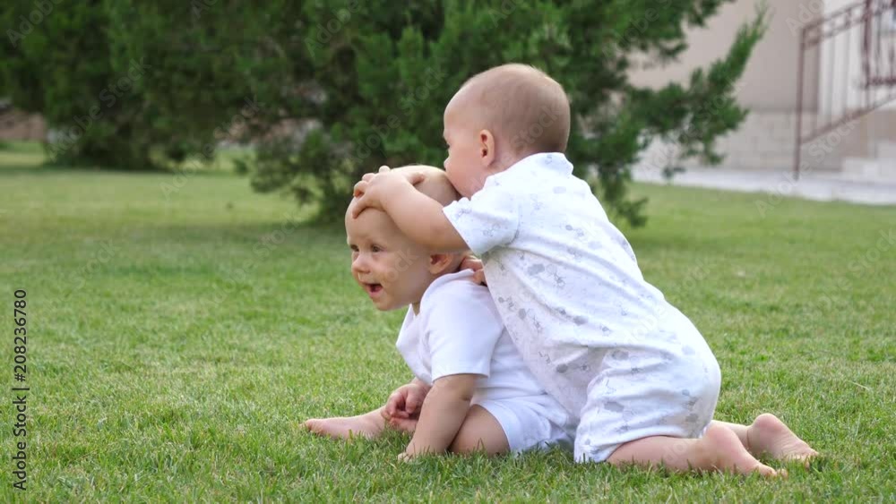 Happy childhood - two funny twin baby boys brothers play on backyard green lawn