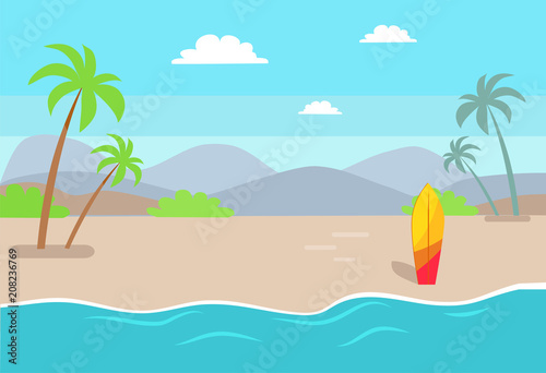 Empty Beach near Sea with Tall Palms and Surfboard