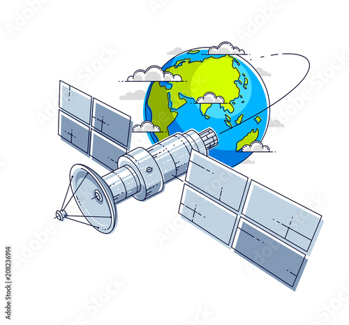 Communication satellite flying orbital spaceflight around earth, spacecraft space station with solar panels and satellite antenna plate. Thin line 3d vector illustration.