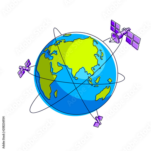Global communication technology satellites flying orbital spaceflight around earth, spacecraft space stations with solar panels and satellite antenna plate. Thin line 3d vector illustration.