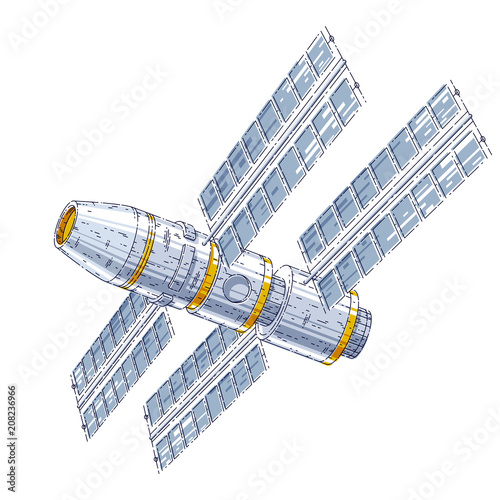 Space station iss floating in weightlessness in open space, spacecraft artificial satellite, science and technology. Thin line 3d vector illustration isolated on white background.