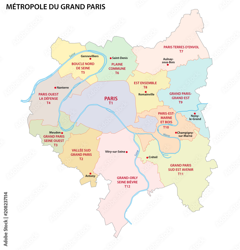 Metropolis of Greater Paris administrative and political vector map