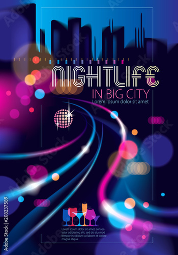 Abstract urban night light bokeh defocused background. Effect vector beautiful background. Blur colorful dark background with cityscape, buildings silhouettes skyline.