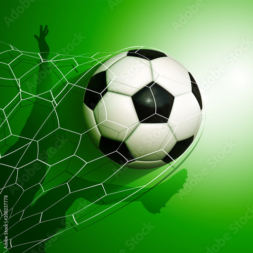 Football  soccer ball flying into the goal net with a player silhouette on background © Derya Cakirsoy