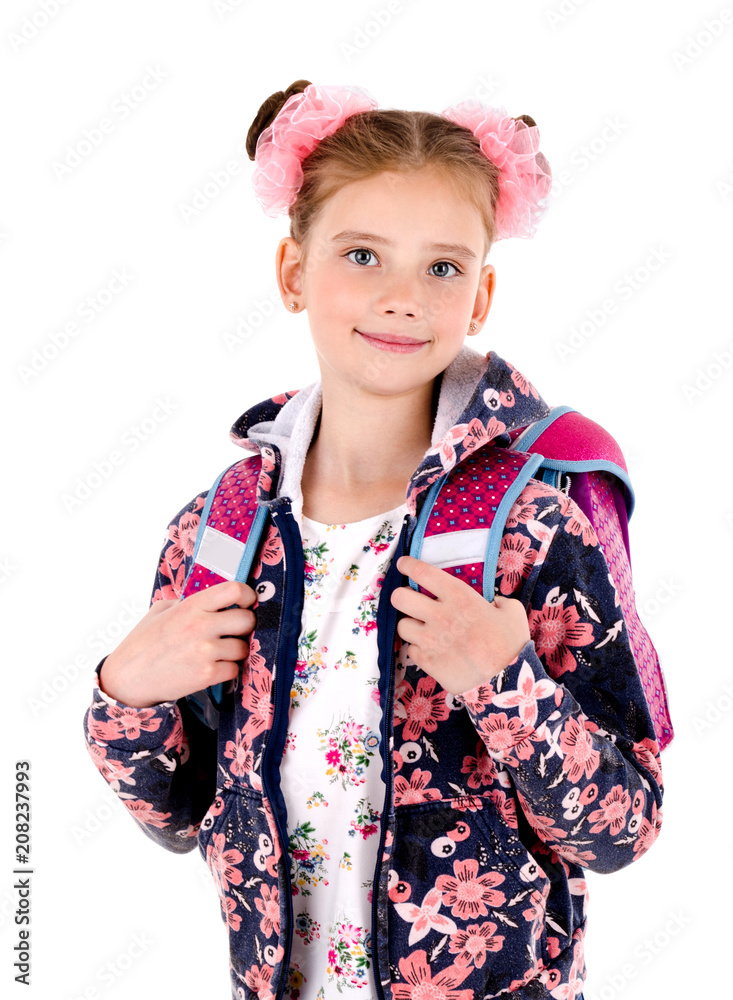 Portrait of smiling happy school girl child with school bag backpack isolated on a white background Portrait of smiling happy school girl child with school bag backpack isolated on a white background