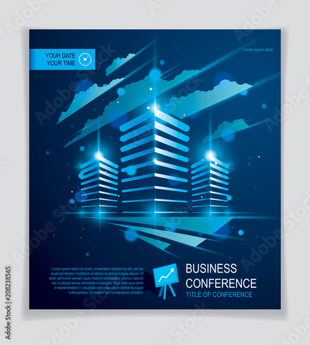 Futuristic building ad, modern vector architecture brochure with blurred lights and glares effect. Real estate realty business center blue design. 3D futuristic facade business conference template.