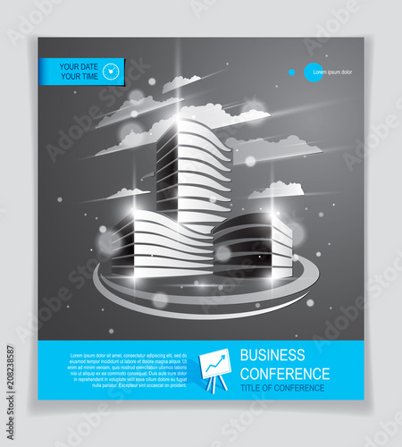 Office building brochure, modern architecture vector flyer with blurred lights and glares effect. Real estate business center grey design. 3D futuristic facade business conference print template.