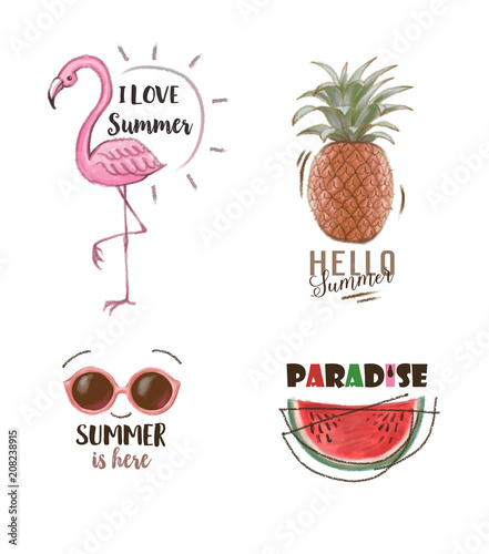 Hand drawn summer labels, logos, hand drawn tags and elements set for summer holiday, travel, beach vacation, sun.