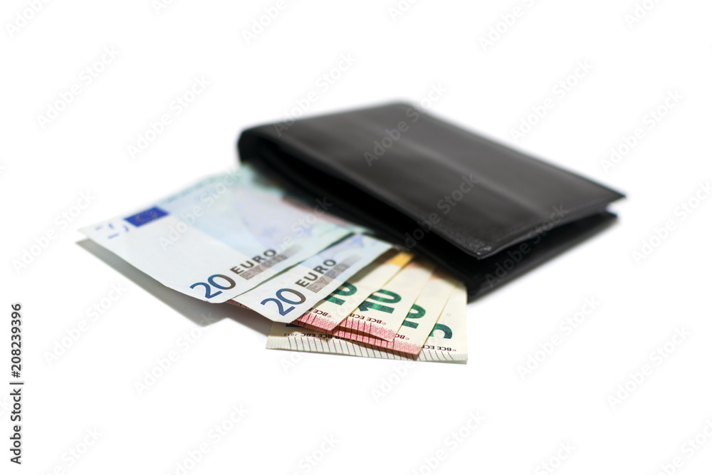 Black leather wallet with euros isolated on white background Black leather wallet with euros isolated on white background