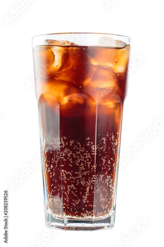 fizzy drink with ice in glass isolated on white background