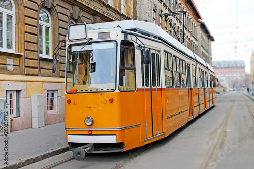 Yellow tram in Budapest, Hungary.