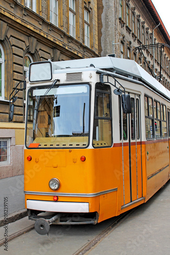 Yellow tram in Budapest, Hungary.