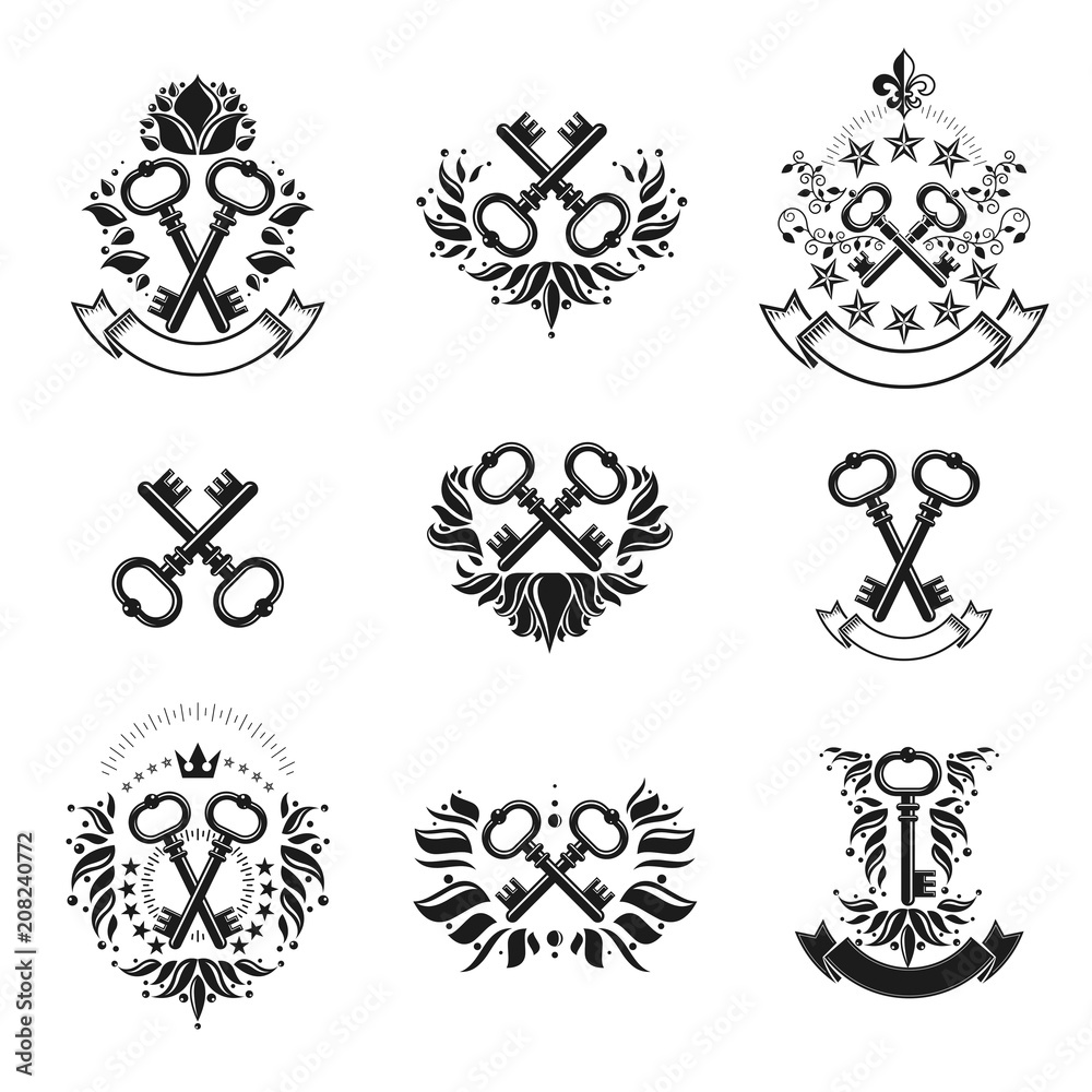 Fototapeta premium Ancient Keys emblems set. Heraldic Coat of Arms decorative logos isolated vector illustrations collection.