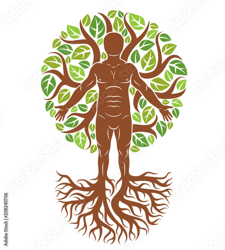 Vector illustration of human, athlete made as continuation of tree with strong roots and surrounded by eco green leaves. Mythic creature, Perun Slavic god.