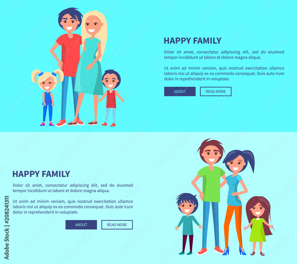 Happy Family Poster with Parents and Two Children Happy Family Poster with Parents and Two Children