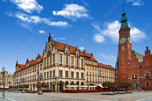 Wroclaw Market Square with Town Hall. Cloudy sky in historical capital of Silesia Poland, Europe. Travel vacation concept