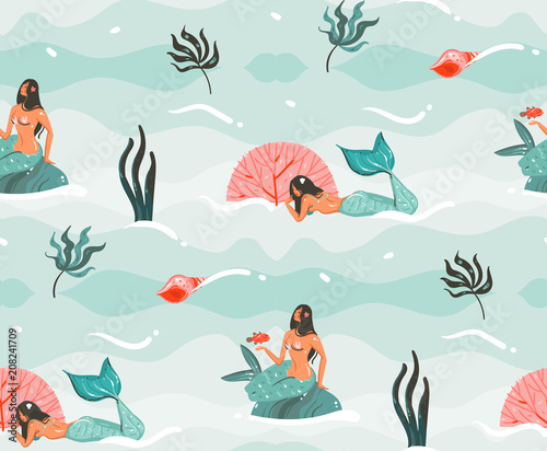 Hand drawn vector abstract cartoon graphic summer time underwater illustrations seamless pattern with jellyfish,fishes and beauty bohemian mermaid girls characters isolated on white background