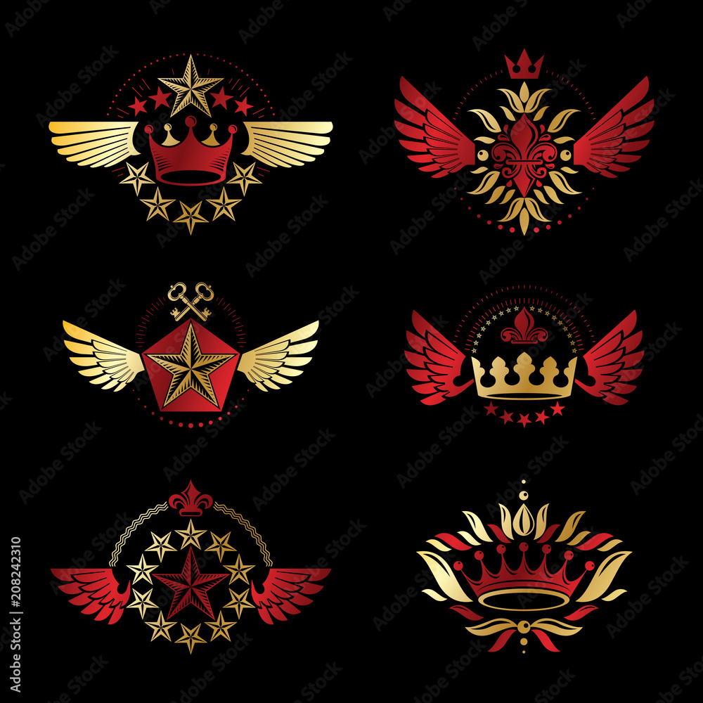 Ancient Crowns and Military Stars emblems set. Heraldic vector design elements collection. Retro style label, heraldry logo. Ancient Crowns and Military Stars emblems set. Heraldic vector design elements collection. Retro style label, heraldry logo.