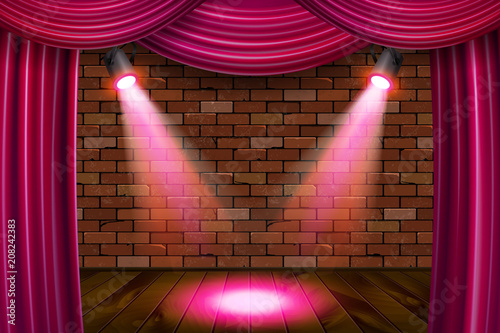 Wooden stage with pink curtains