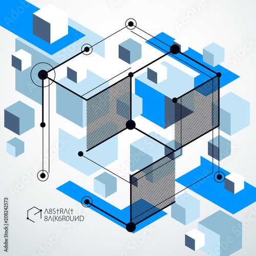 Abstract geometric vector blue background with cubes and other elements. Composition of cubes, hexagons, squares, rectangles and abstract elements. Perfect background for your design projects.