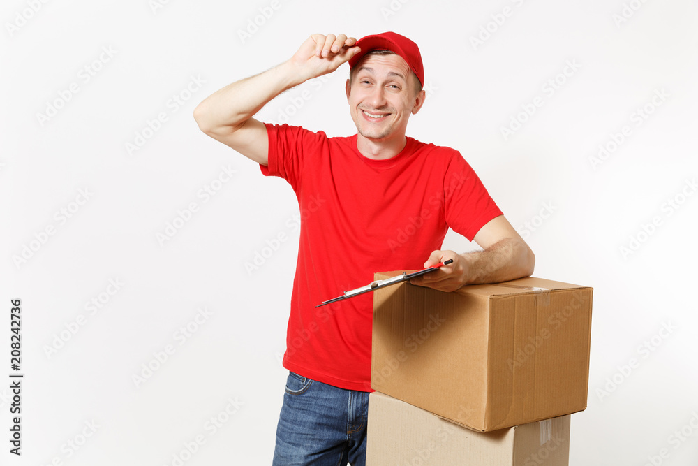 Delivery man in red uniform isolated on white background. Male courier in cap, t-shirt holding pen, clipboard with papers document, fill blank empty sheet, cardboard box. Receiving package. Copy space Delivery man in red uniform isolated on white background. Male courier in cap, t-shirt holding pen, clipboard with papers document, fill blank empty sheet, cardboard box. Receiving package. Copy space