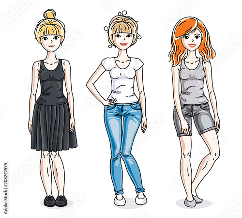 Happy young adult girls group standing wearing fashionable casual clothes. Vector people illustrations set. Fashion and lifestyle theme cartoons.