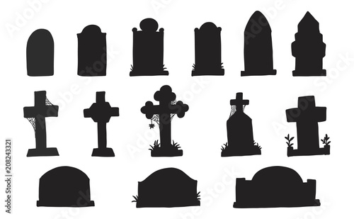 Set of grave marker vector on white background.cemetery mark silhouette by hand drawing.