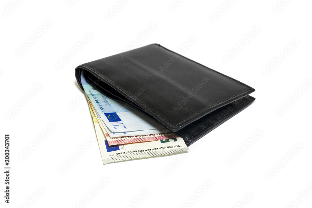 Black leather wallet with euros isolated on white background Black leather wallet with euros isolated on white background