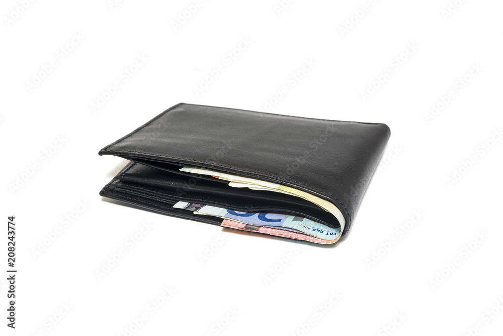 Black leather wallet with euros isolated on white background Black leather wallet with euros isolated on white background