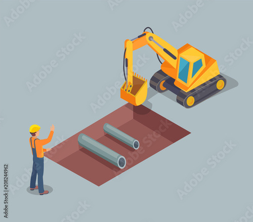 Bulldozer Worker with Helmet Vector Illustration