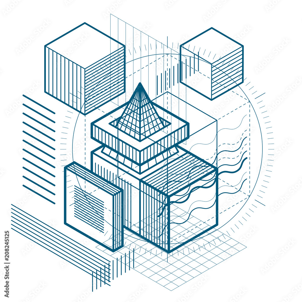 Obraz premium Abstract vector background with isometric lines and shapes. Cubes, hexagons, squares, rectangles and different abstract elements.