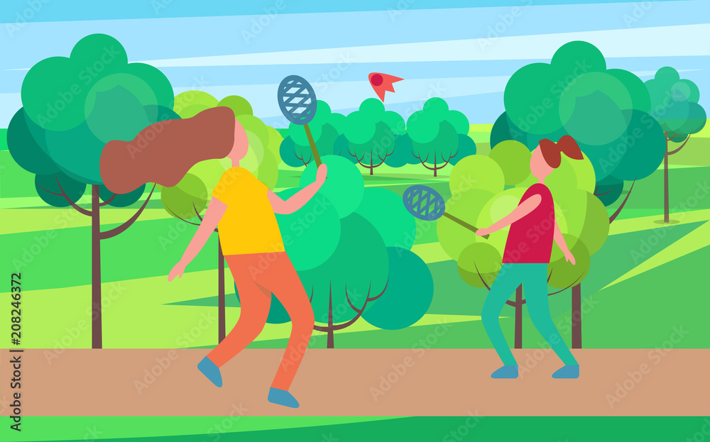 Mother and Daughter Playing Badminton Illustration