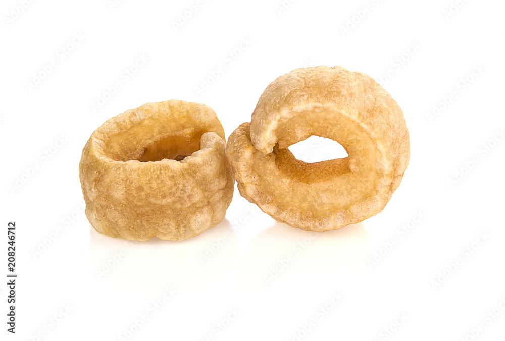 Crispy Pork, Pile of pork rind isolated on white background Stock Photo