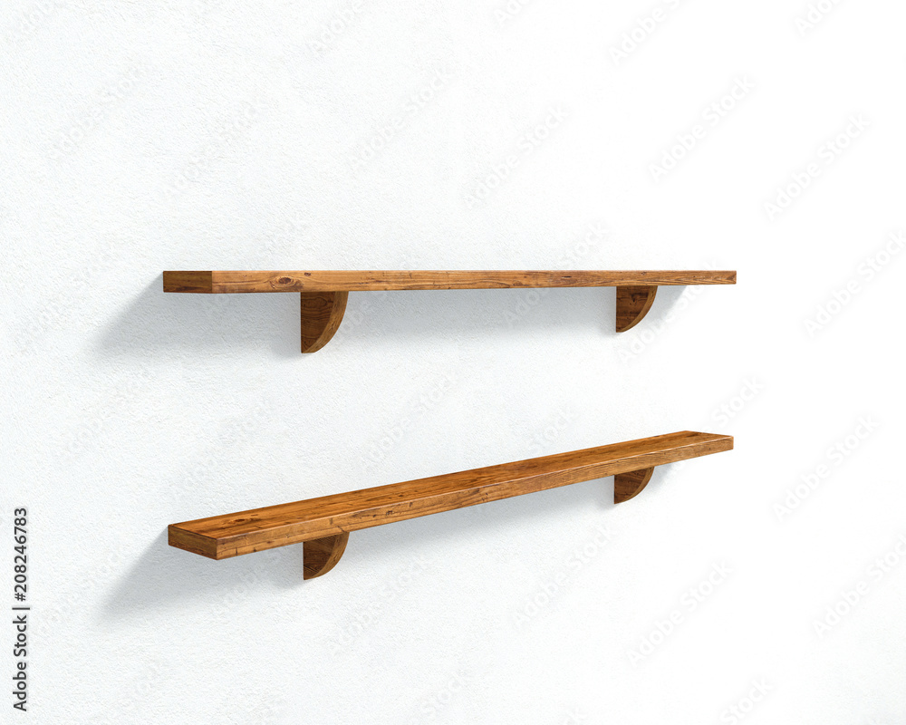 3D illustration - The white wall and two wooden shelves 3D illustration - The white wall and two wooden shelves